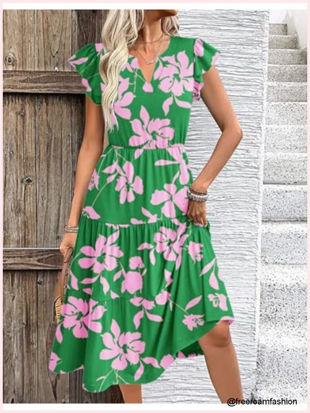 Flowy Midi Dress with Pockets Ruffle Sleeve Boho Sundress